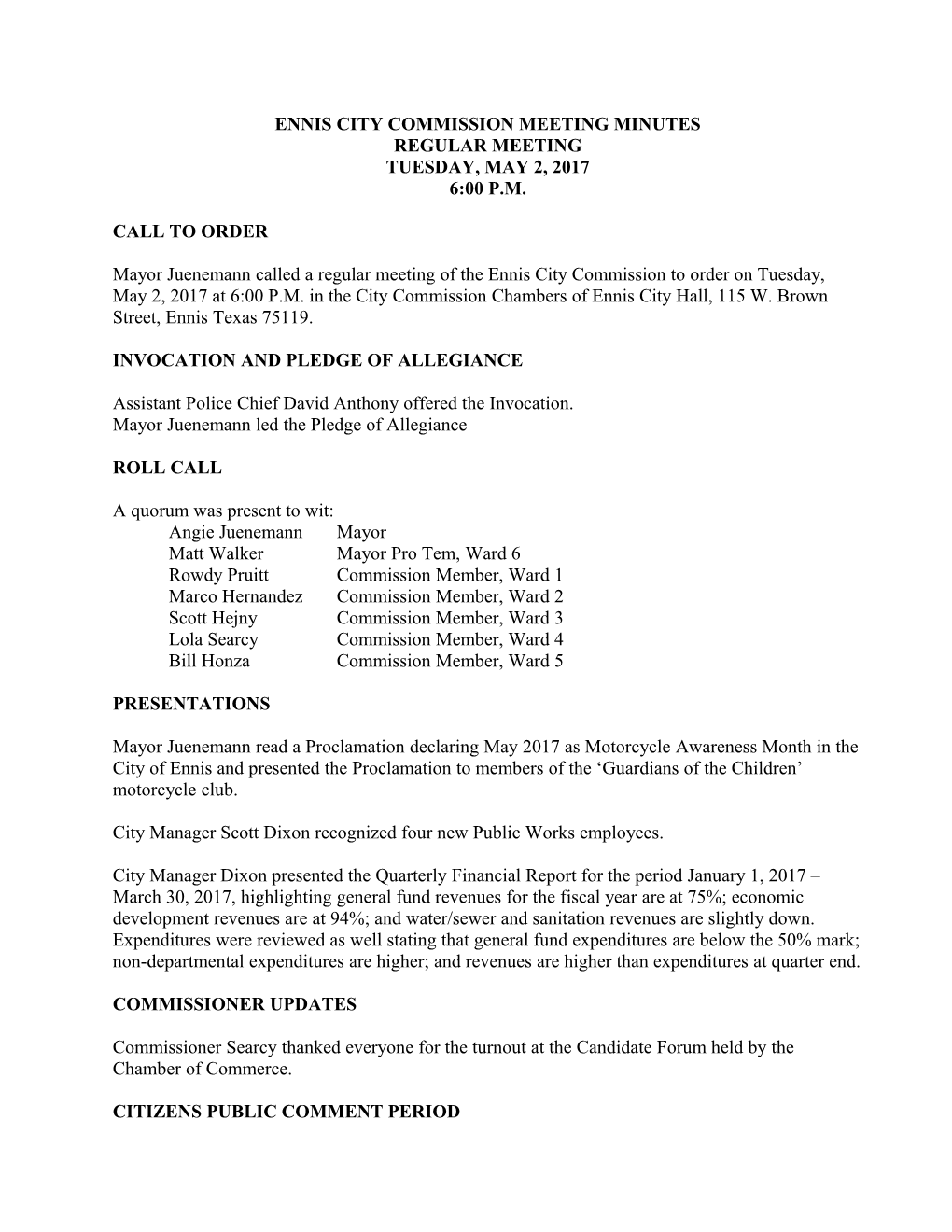 Ennis City Commission Meeting Minutes