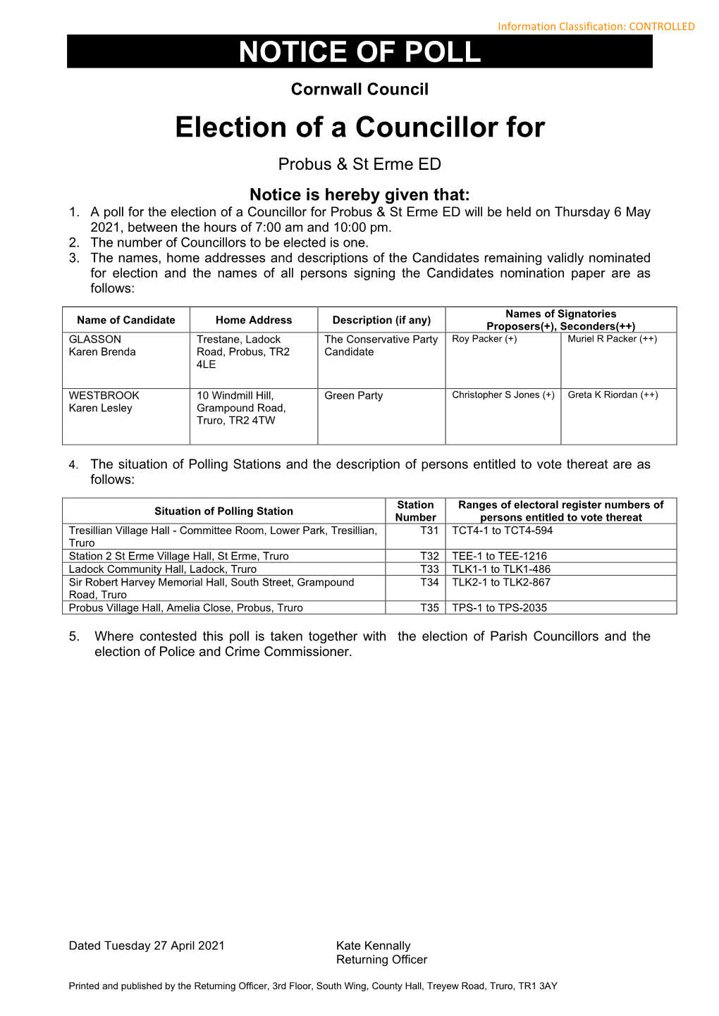 NOTICE of POLL Election of a Councillor