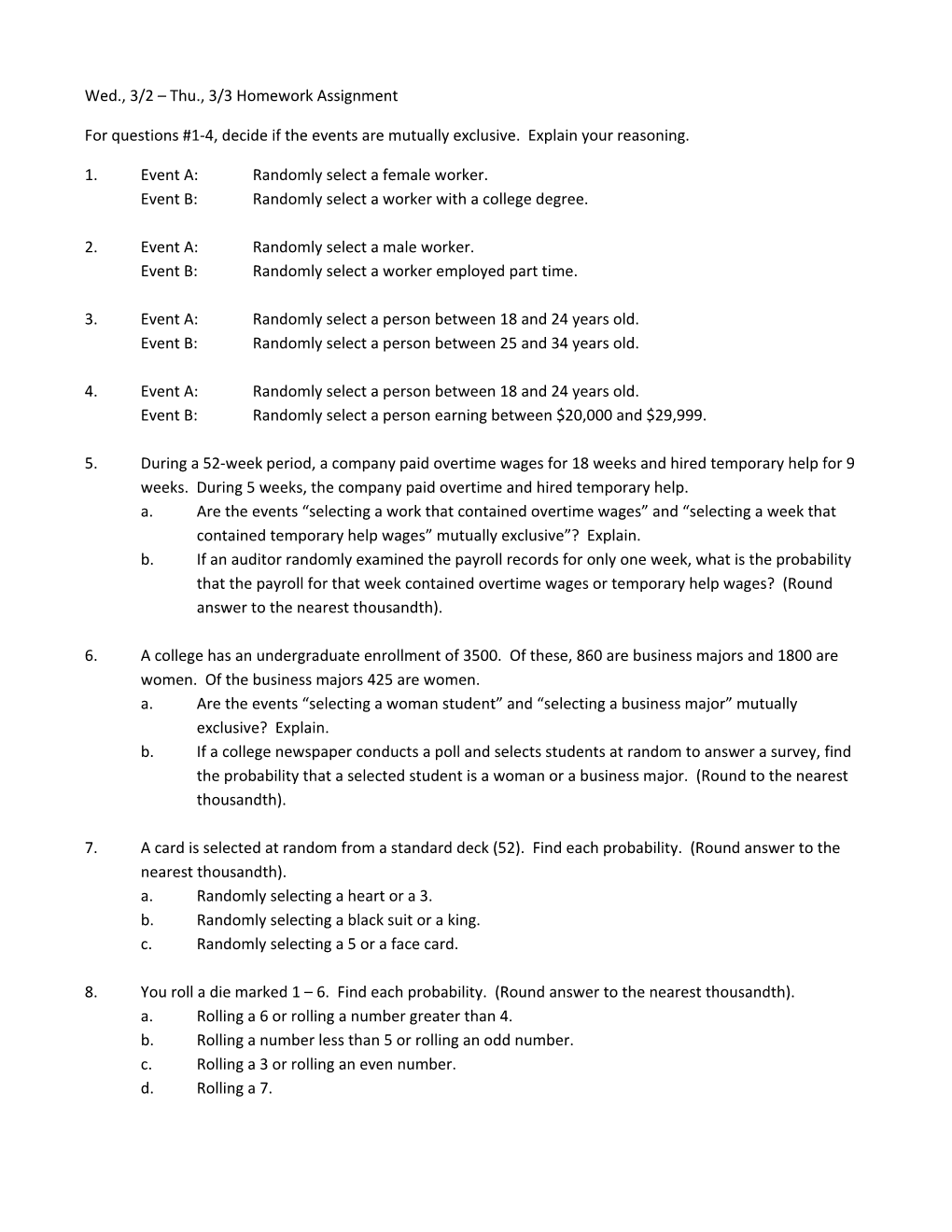 Wed., 3/2 Thu., 3/3 Homework Assignment