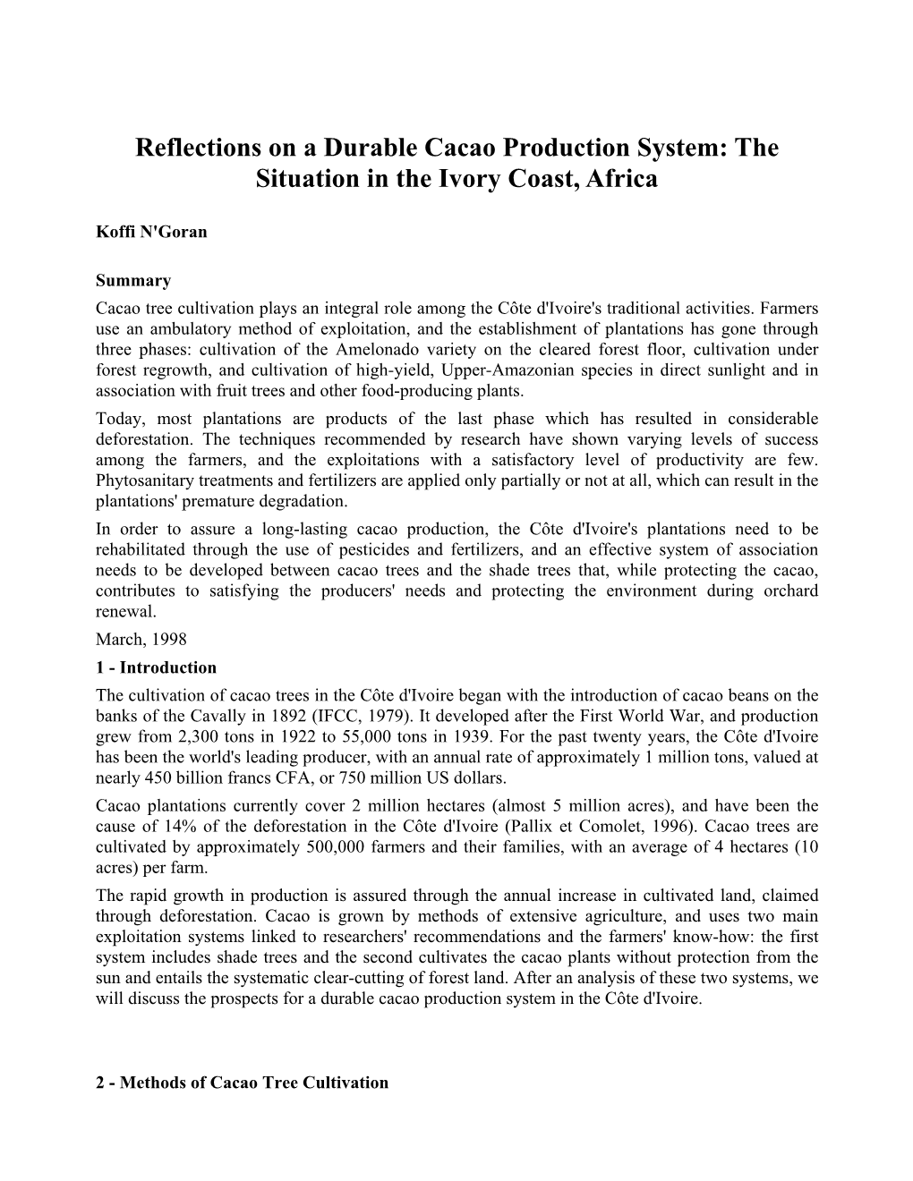 Reflections on a Durable Cacao Production System: the Situation in the Ivory Coast, Africa