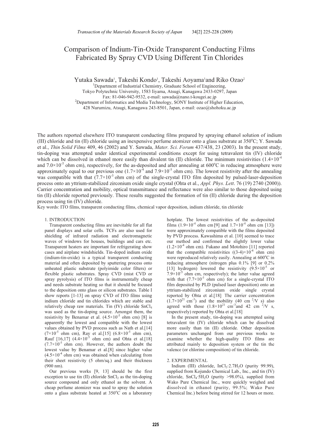 Comparison of Indium-Tin-Oxide Transparent Conducting Films Fabricated by Spray CVD Using Different Tin Chlorides