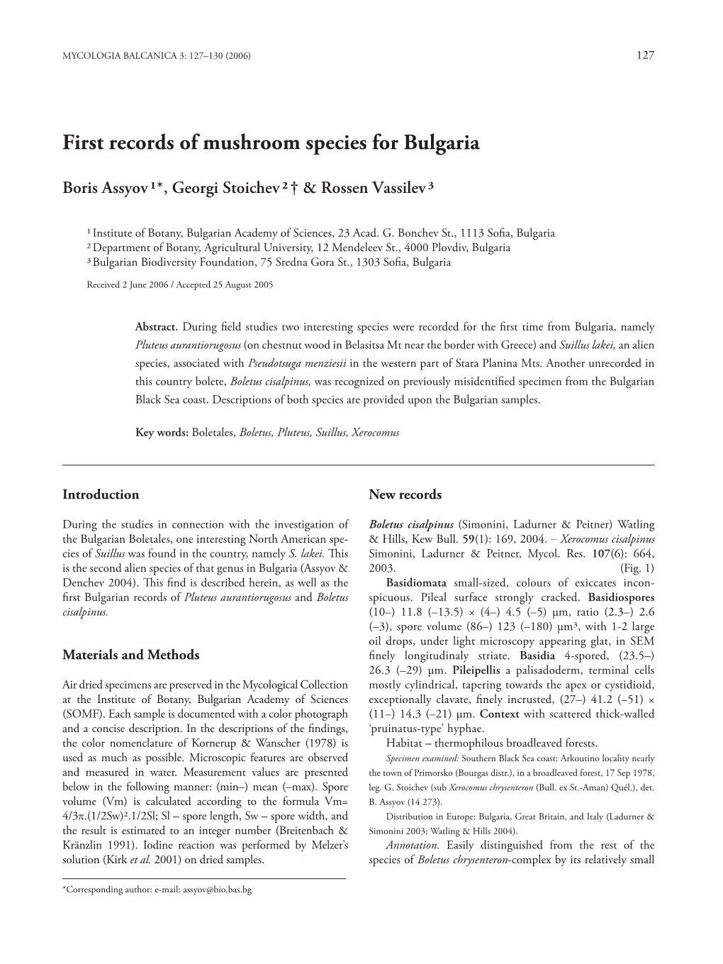 First Records of Mushroom Species for Bulgaria
