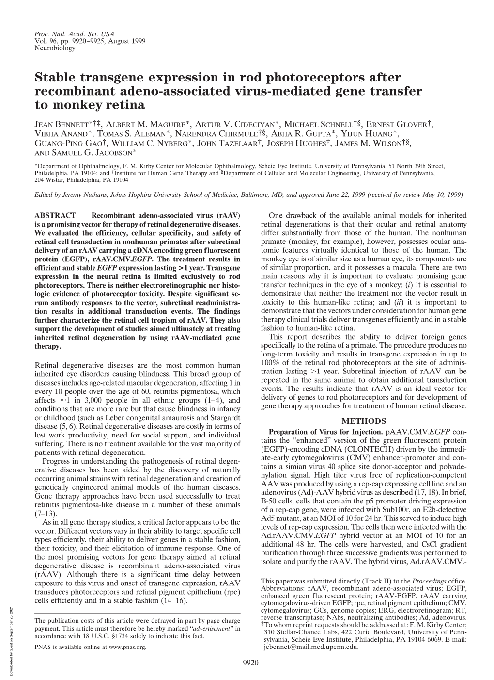 Stable Transgene Expression in Rod Photoreceptors After Recombinant Adeno-Associated Virus-Mediated Gene Transfer to Monkey Retina