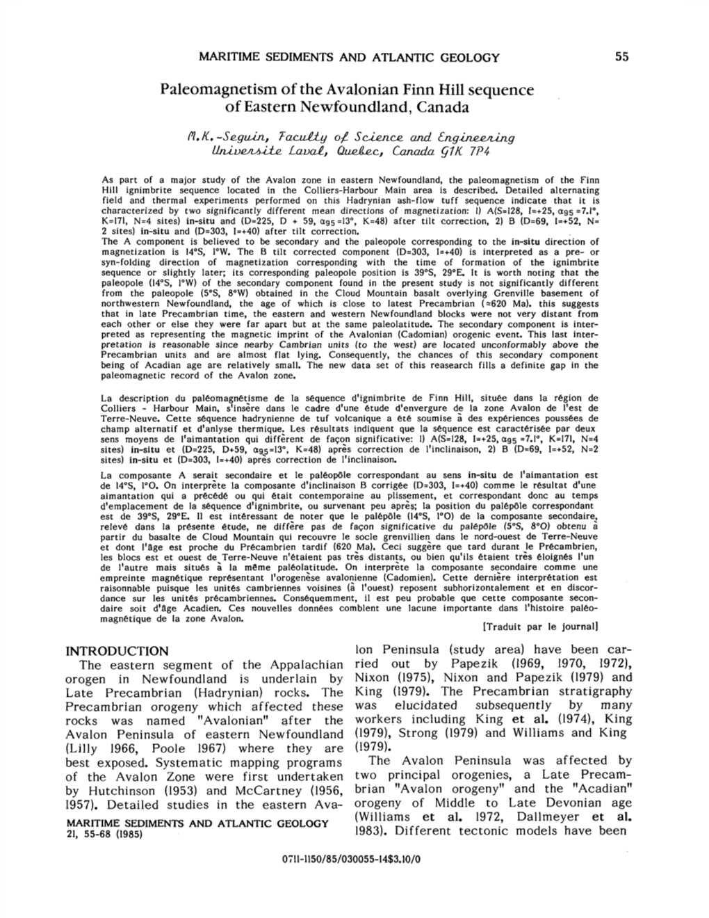 Paleomagnetism of the Avalonian Finn Hill Sequence of Eastern Newfoundland, Canada