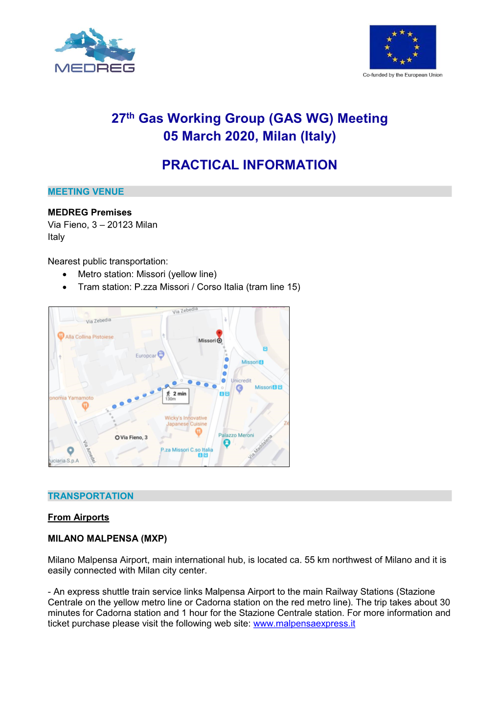 27Th Gas Working Group (GAS WG) Meeting 05 March 2020, Milan (Italy) PRACTICAL INFORMATION