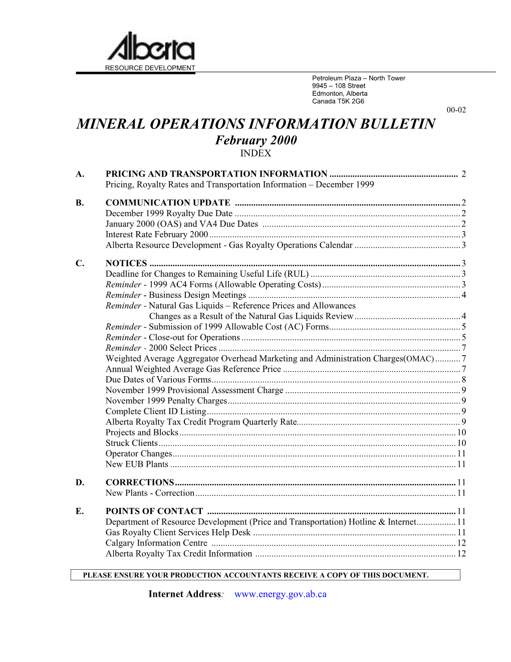 MINERAL OPERATIONS INFORMATION BULLETIN February 2000 INDEX