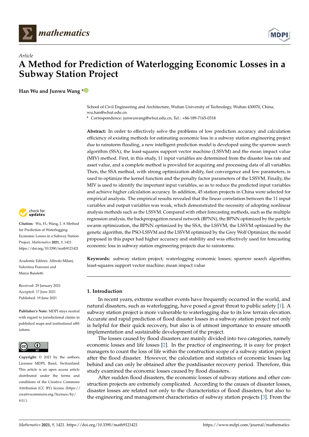 A Method for Prediction of Waterlogging Economic Losses in a Subway Station Project