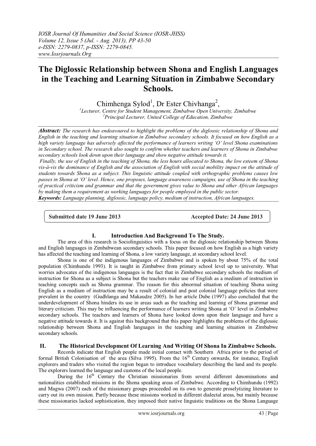 The Diglossic Relationship Between Shona and English Languages in the Teaching and Learning Situation in Zimbabwe Secondary Schools