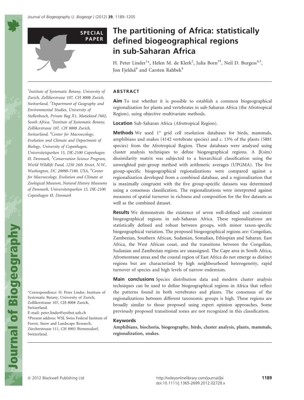 Statistically Defined Biogeographical Regions in Subsaharan Africa