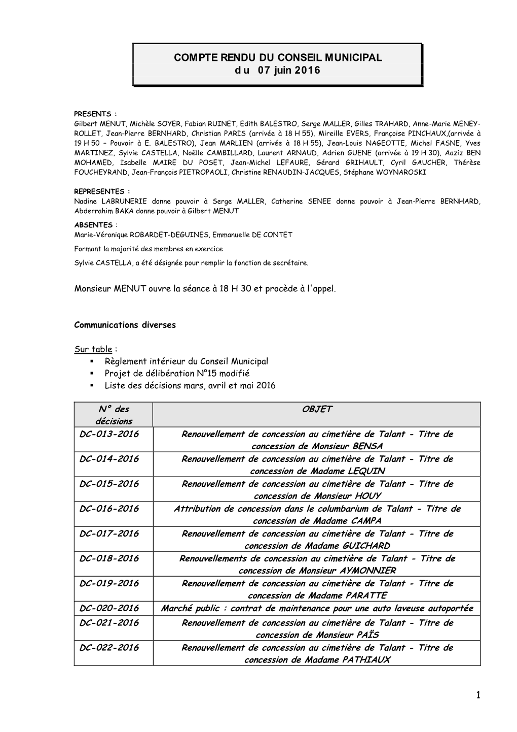 CONSEIL MUNICIPAL Du 07 Juin 2016