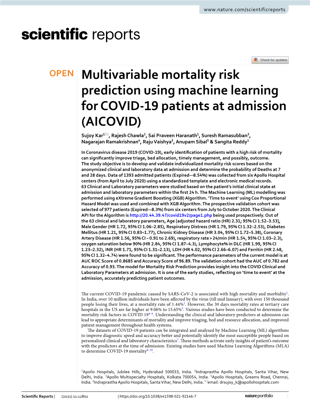 Multivariable Mortality Risk Prediction Using Machine Learning for COVID-19 Patients at Admission