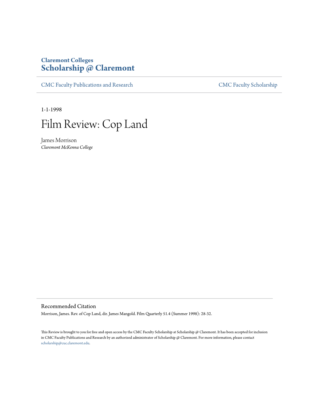 Cop Land James Morrison Claremont Mckenna College