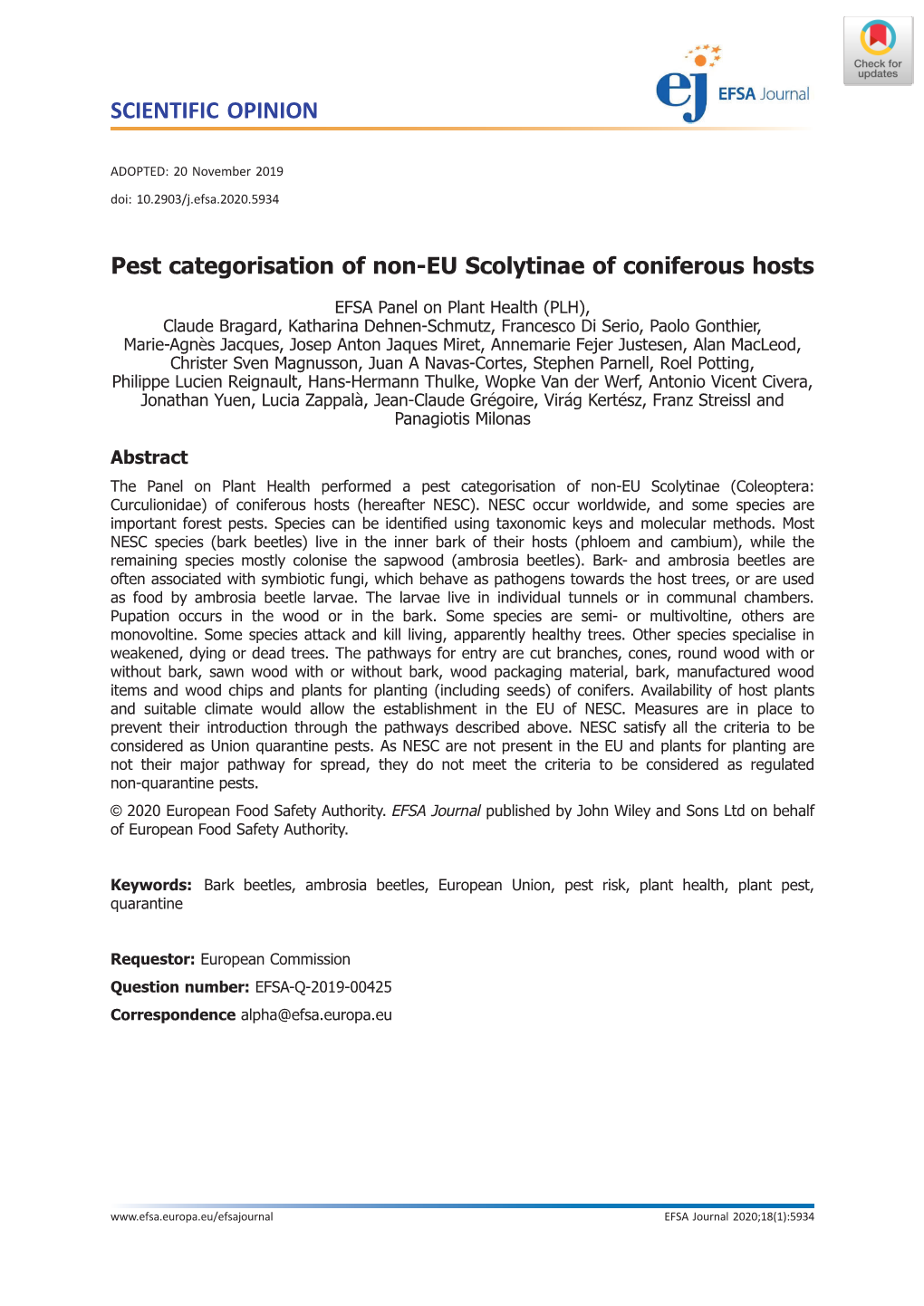 Pest Categorisation of Non‐EU Scolytinae of Coniferous Hosts