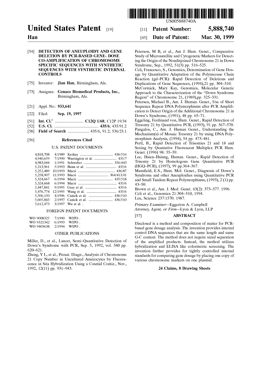 United States Patent (19) 11 Patent Number: 5,888,740 Han (45) Date of Patent: Mar