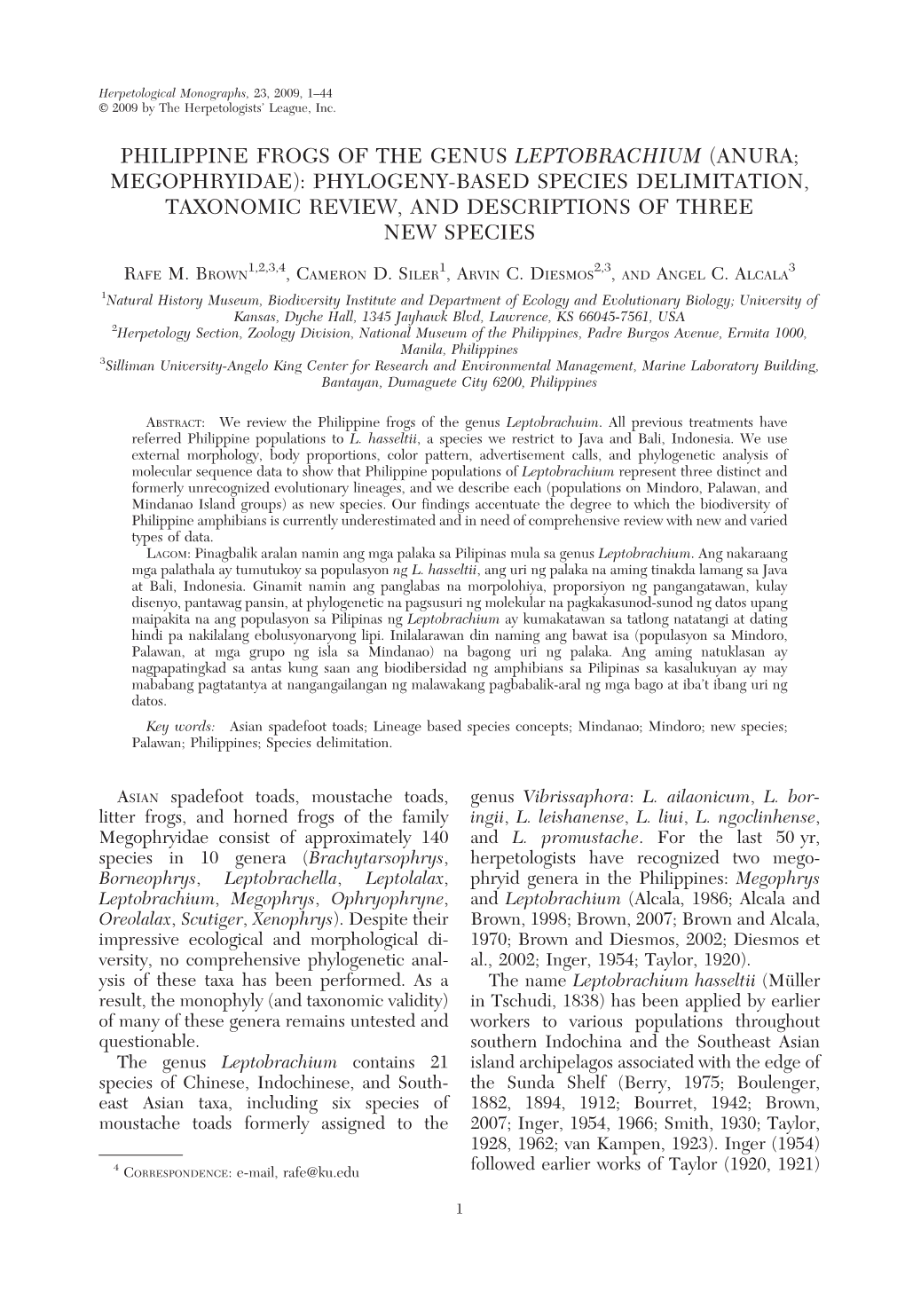 Philippine Frogs of the Genus Leptobrachium (Anura; Megophryidae): Phylogeny-Based Species Delimitation, Taxonomic Review, and Descriptions of Three New Species