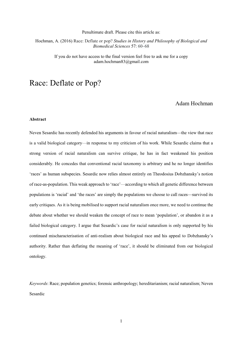 Race: Deflate Or Pop? Studies in History and Philosophy of Biological and Biomedical Sciences 57: 60–68