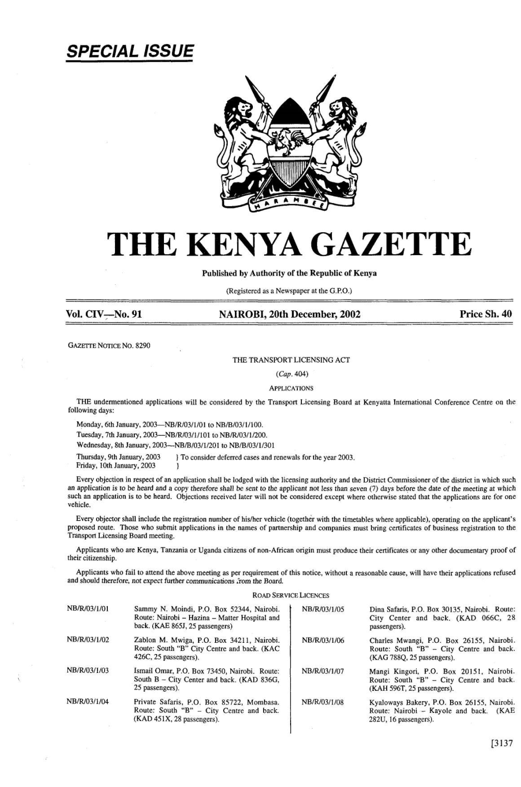 THE KENYA GAZETTE 20Th December, 2002