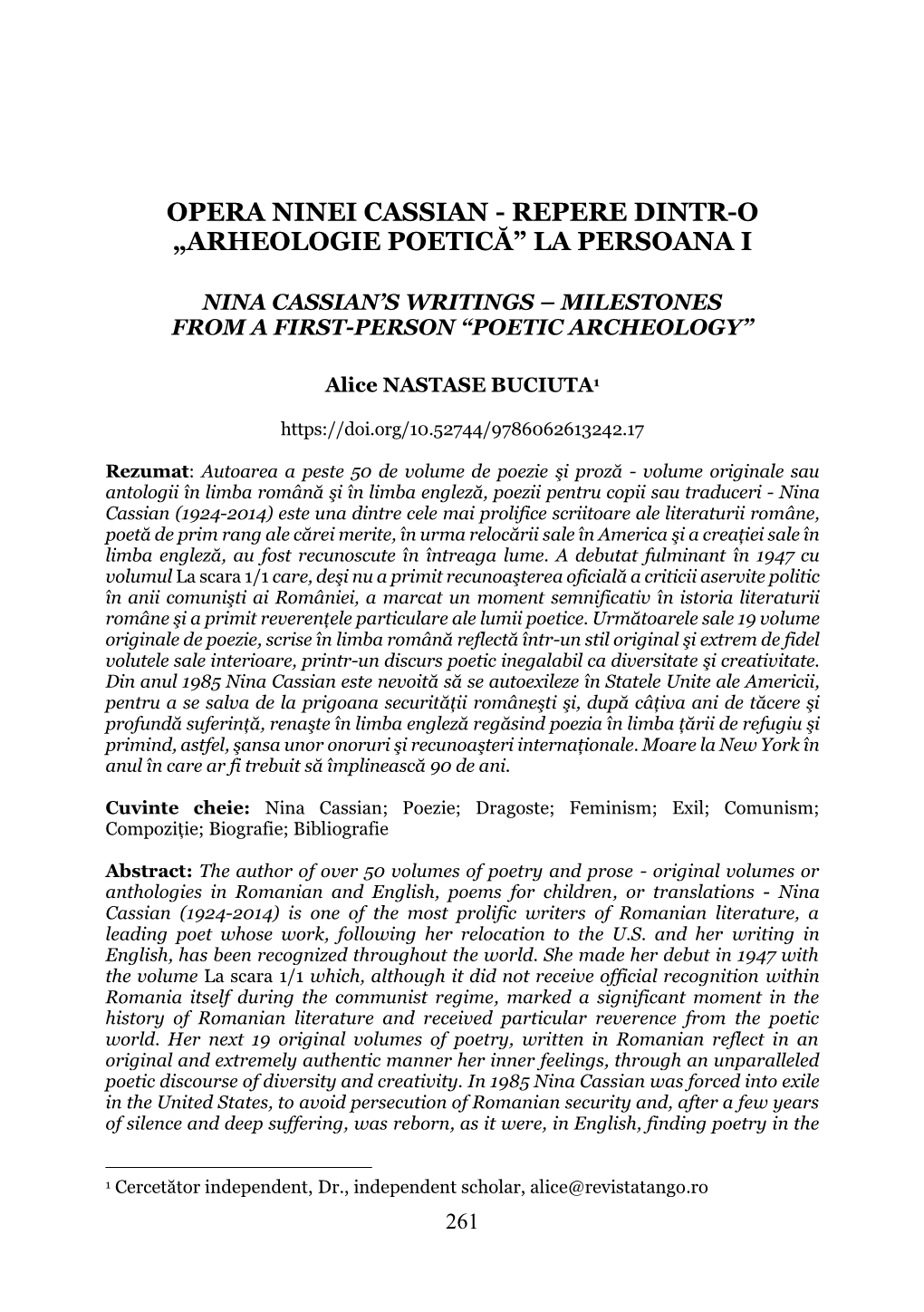 Opera Ninei Cassian - Repere Dintr-O „Arheologie Poetică” La Persoana I