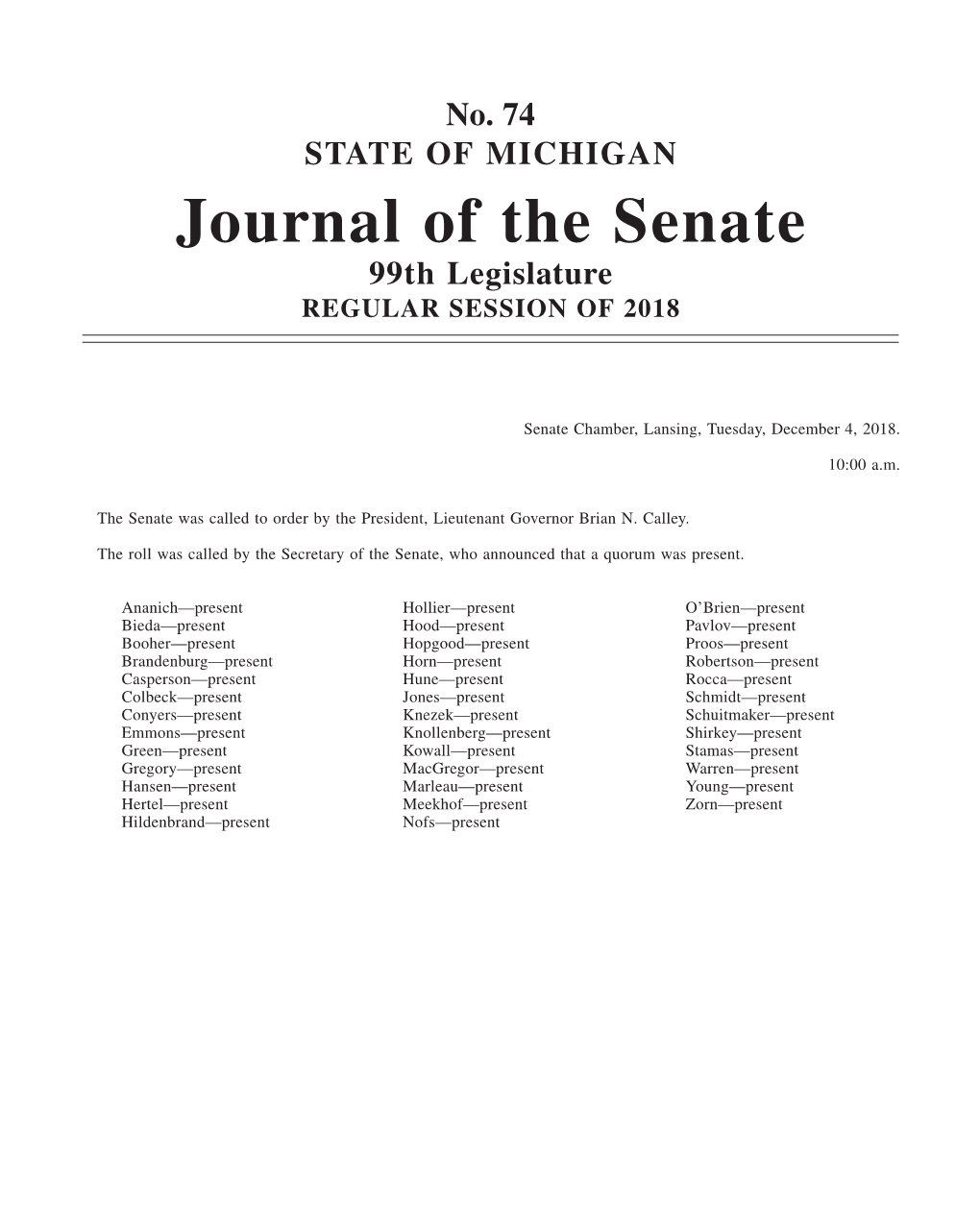 Journal of the Senate 99Th Legislature REGULAR SESSION of 2018