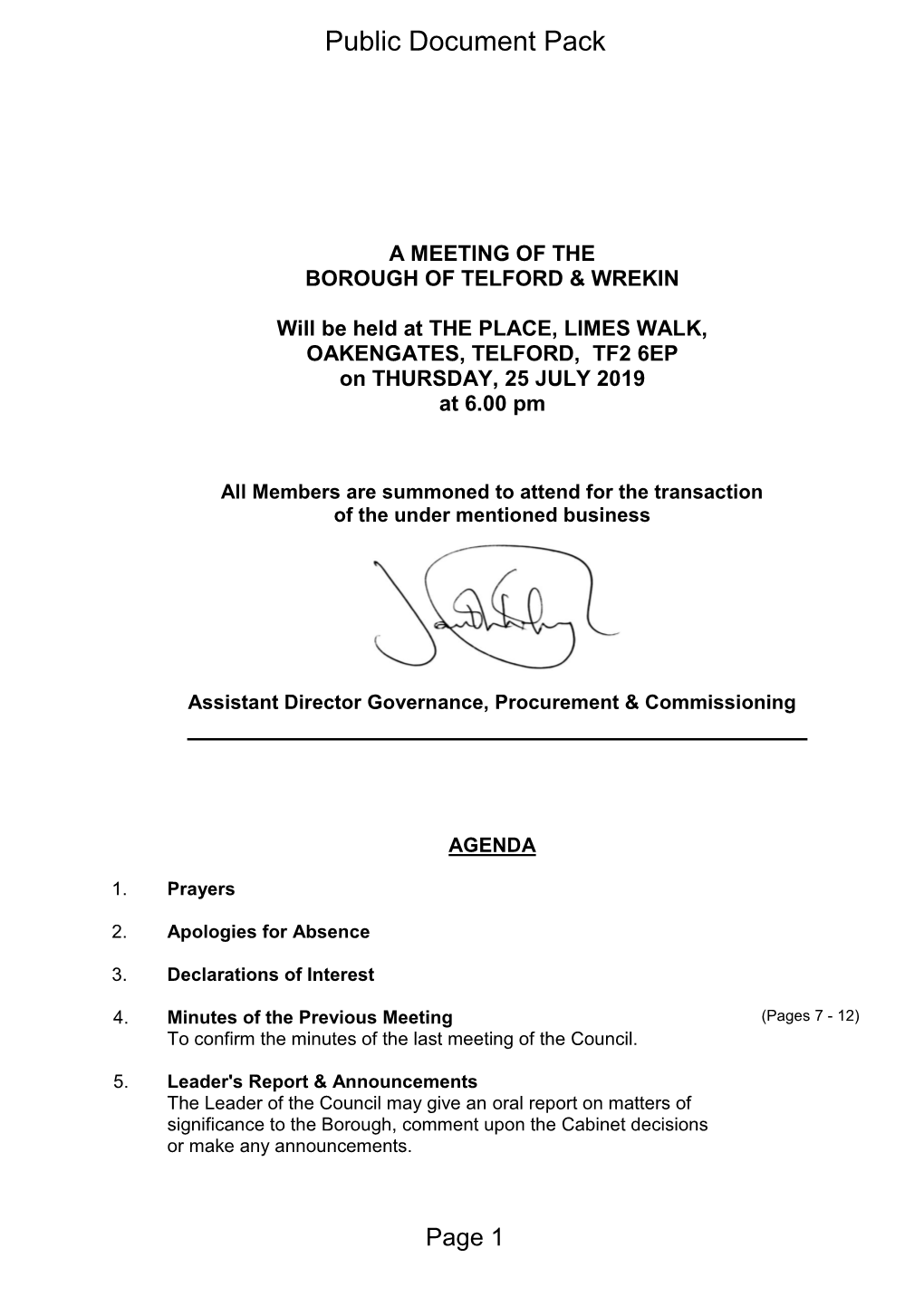 (Public Pack)Agenda Document for Full Council, 25/07/2019 18:00