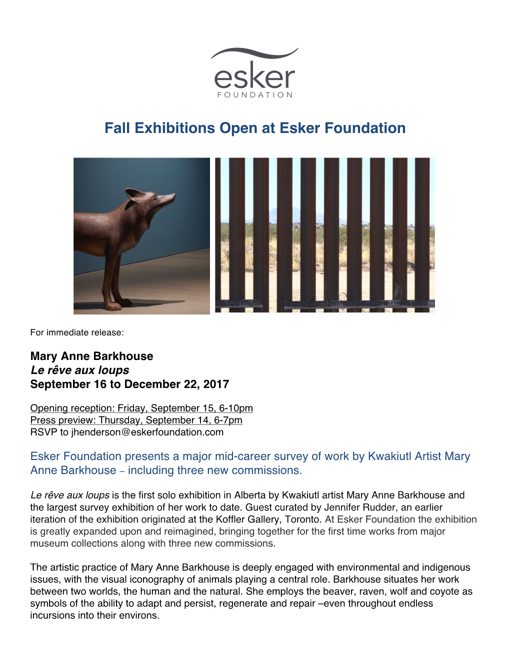 Fall Exhibitions Open at Esker Foundation