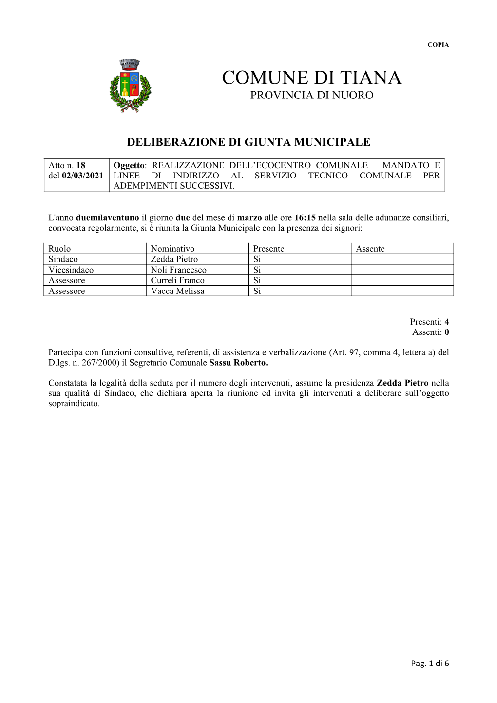 Comune Di Tiana Provincia Di Nuoro