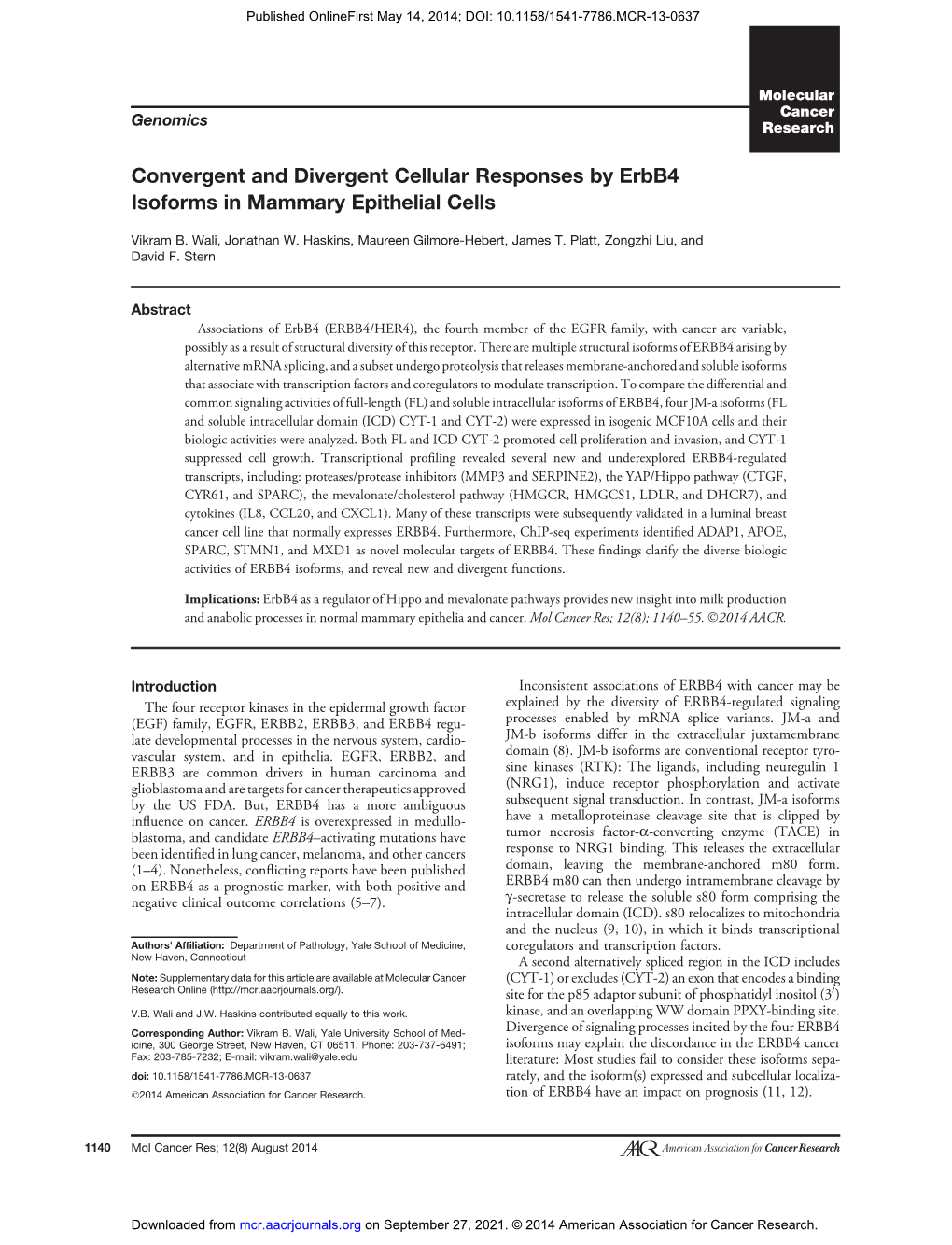 Convergent and Divergent Cellular Responses by Erbb4 Isoforms in Mammary Epithelial Cells