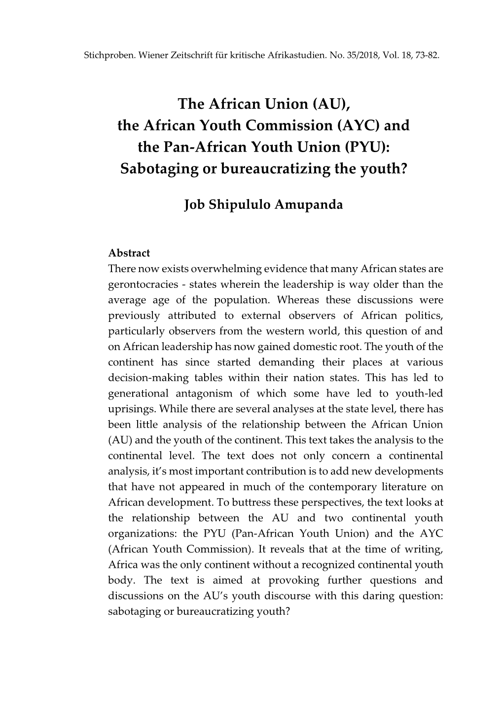 (AYC) and the Pan-African Youth Union (PYU): Sabotaging Or Bureaucratizing the Youth?