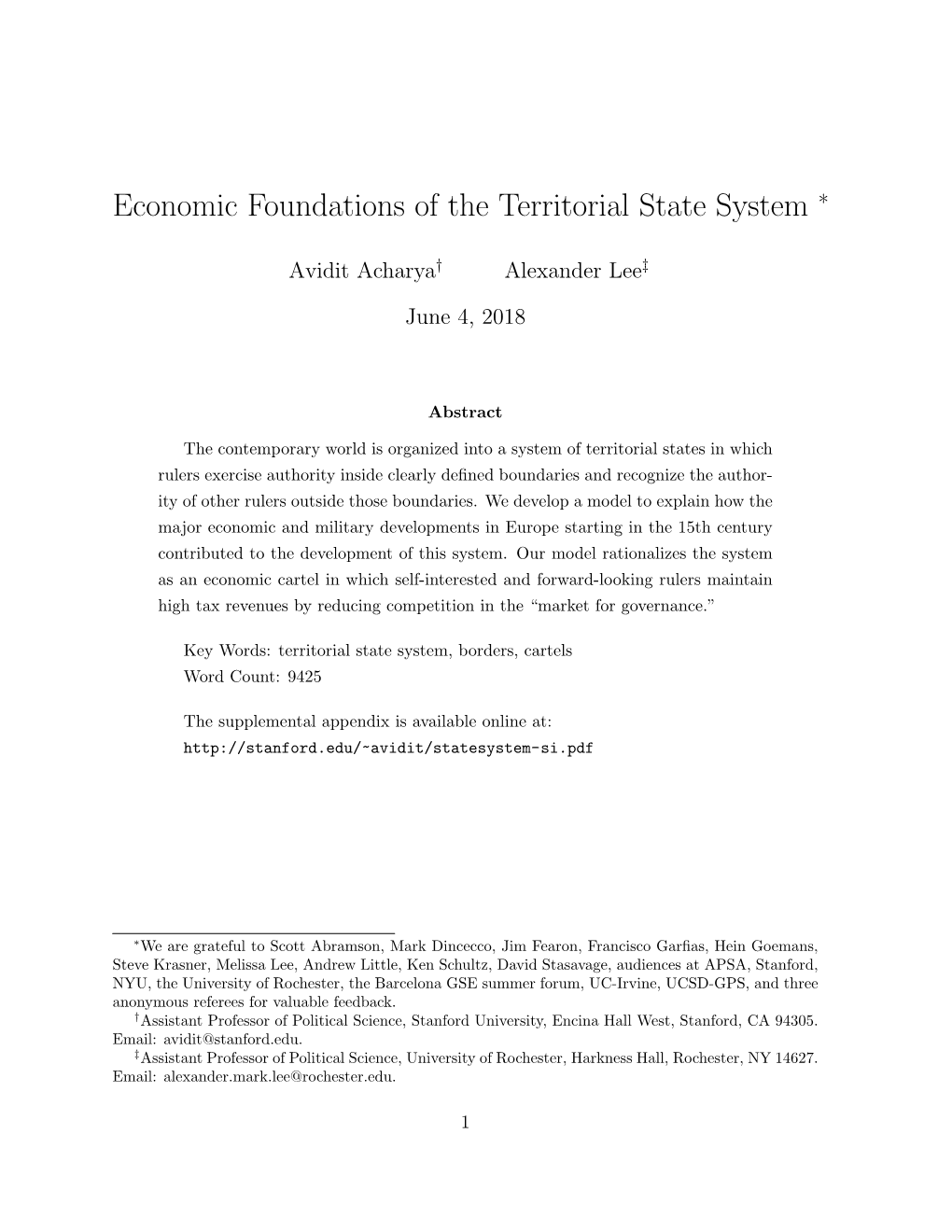Economic Foundations of the Territorial State System ∗