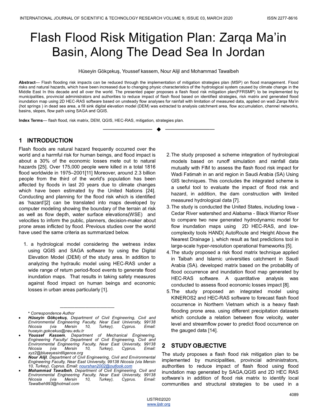 Flash Flood Risk Mitigation Plan: Zarqa Ma'in Basin, Along the Dead