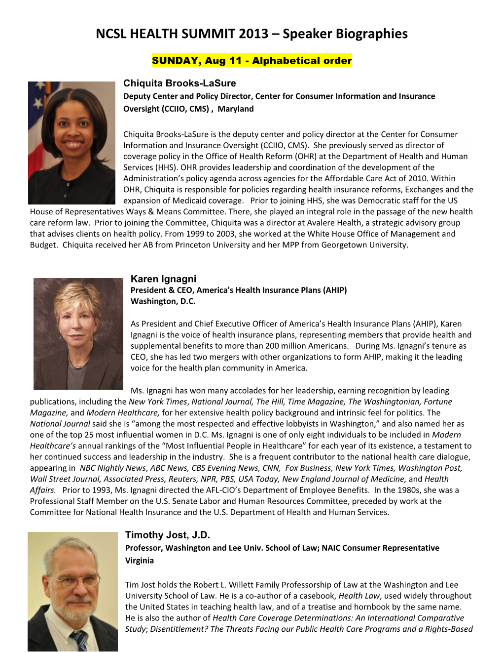 NCSL HEALTH SUMMIT 2013 – Speaker Biographies