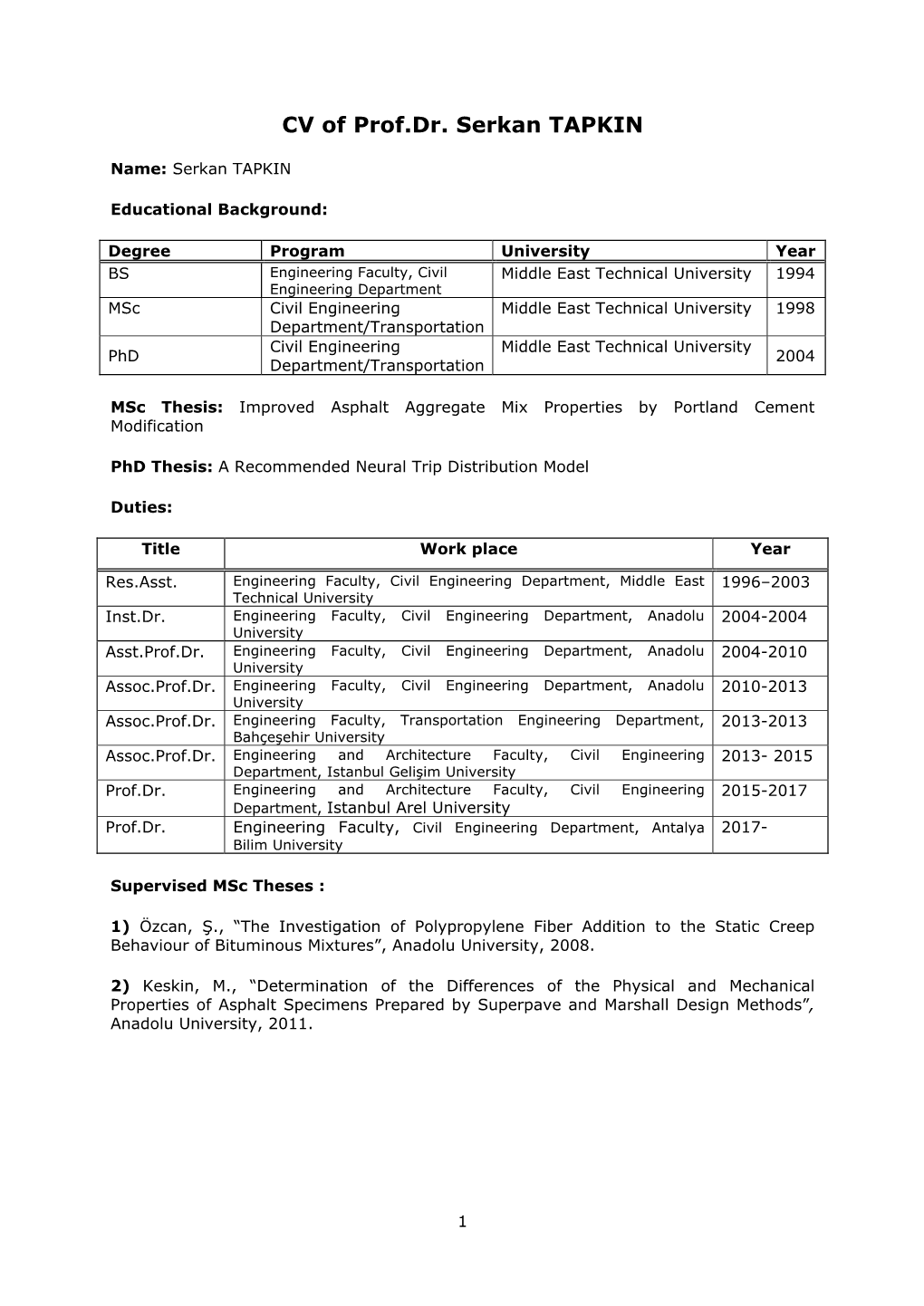 CV of Prof.Dr. Serkan TAPKIN