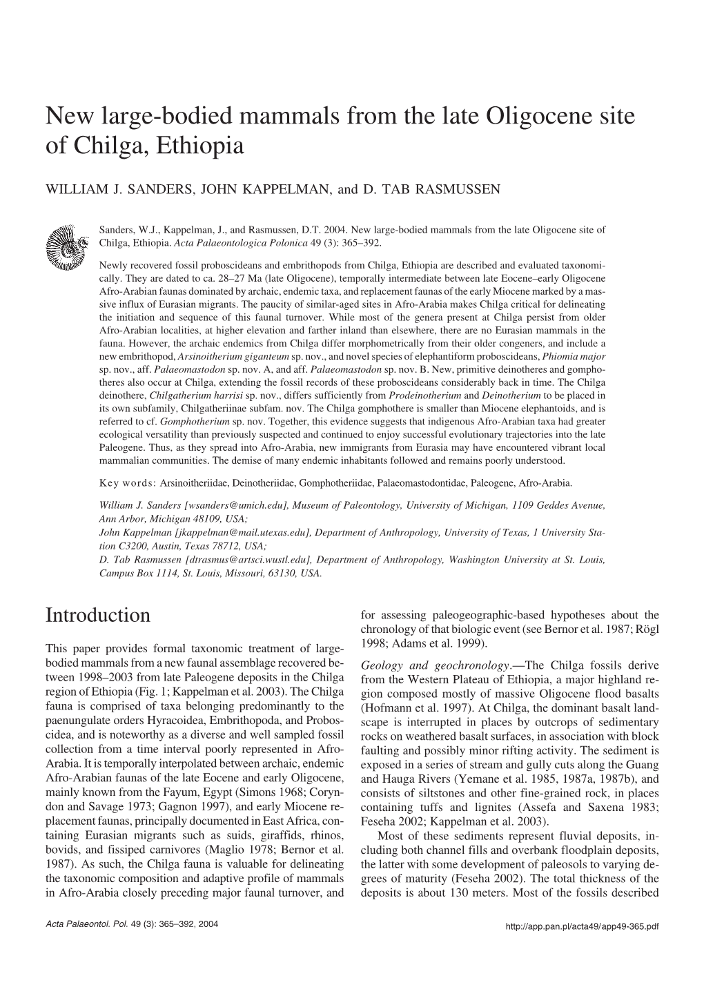 New Large-Bodied Mammals from the Late Oligocene Site of Chilga, Ethiopia