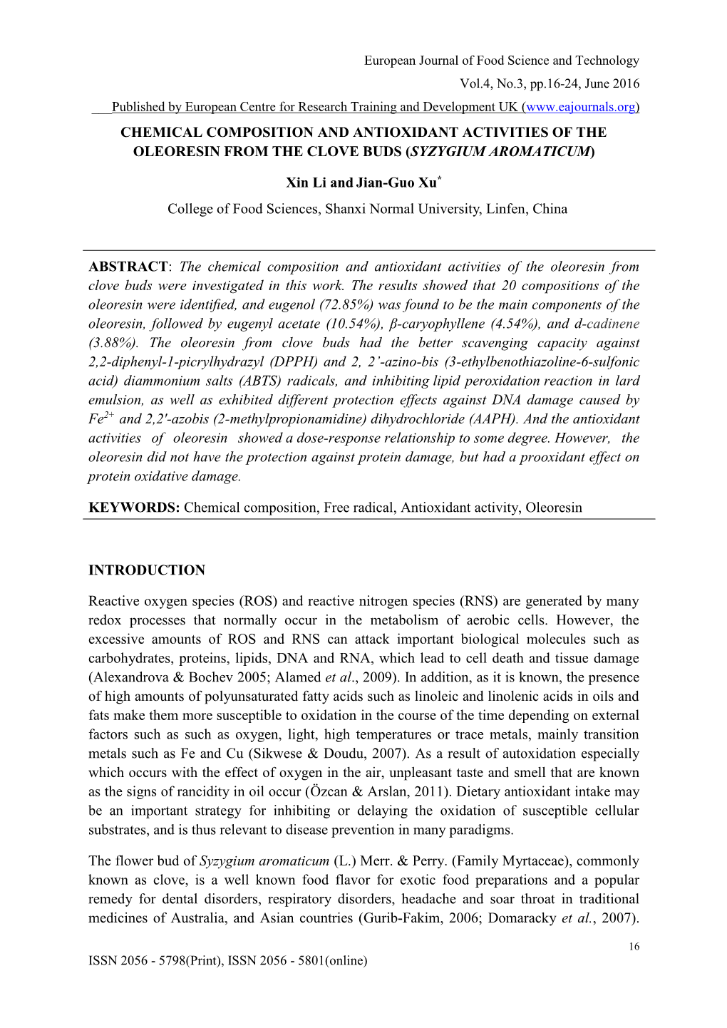 Antioxidant and Antibacterial Activities of the Essential Oil from Clove