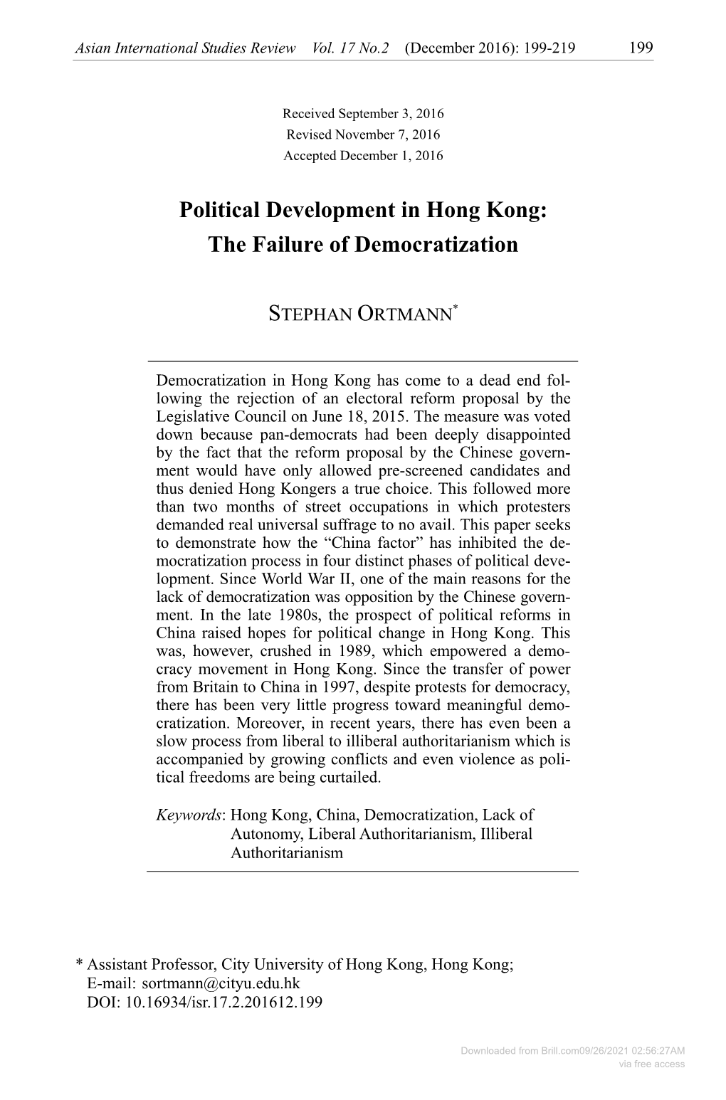 Political Development in Hong Kong: the Failure of Democratization