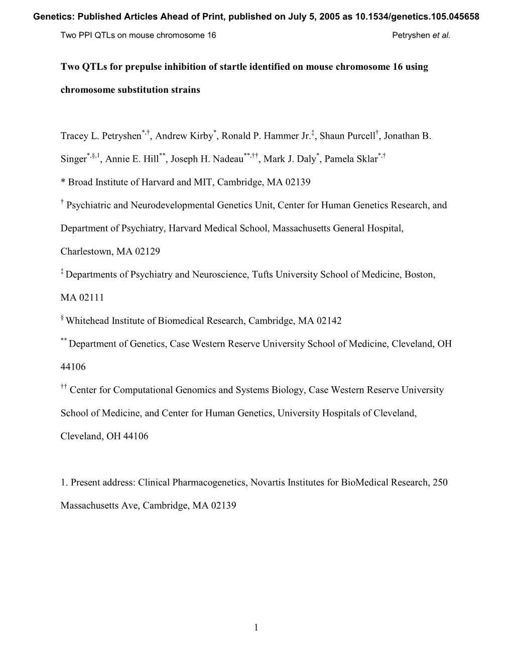 1 Two Qtls for Prepulse Inhibition of Startle Identified on Mouse