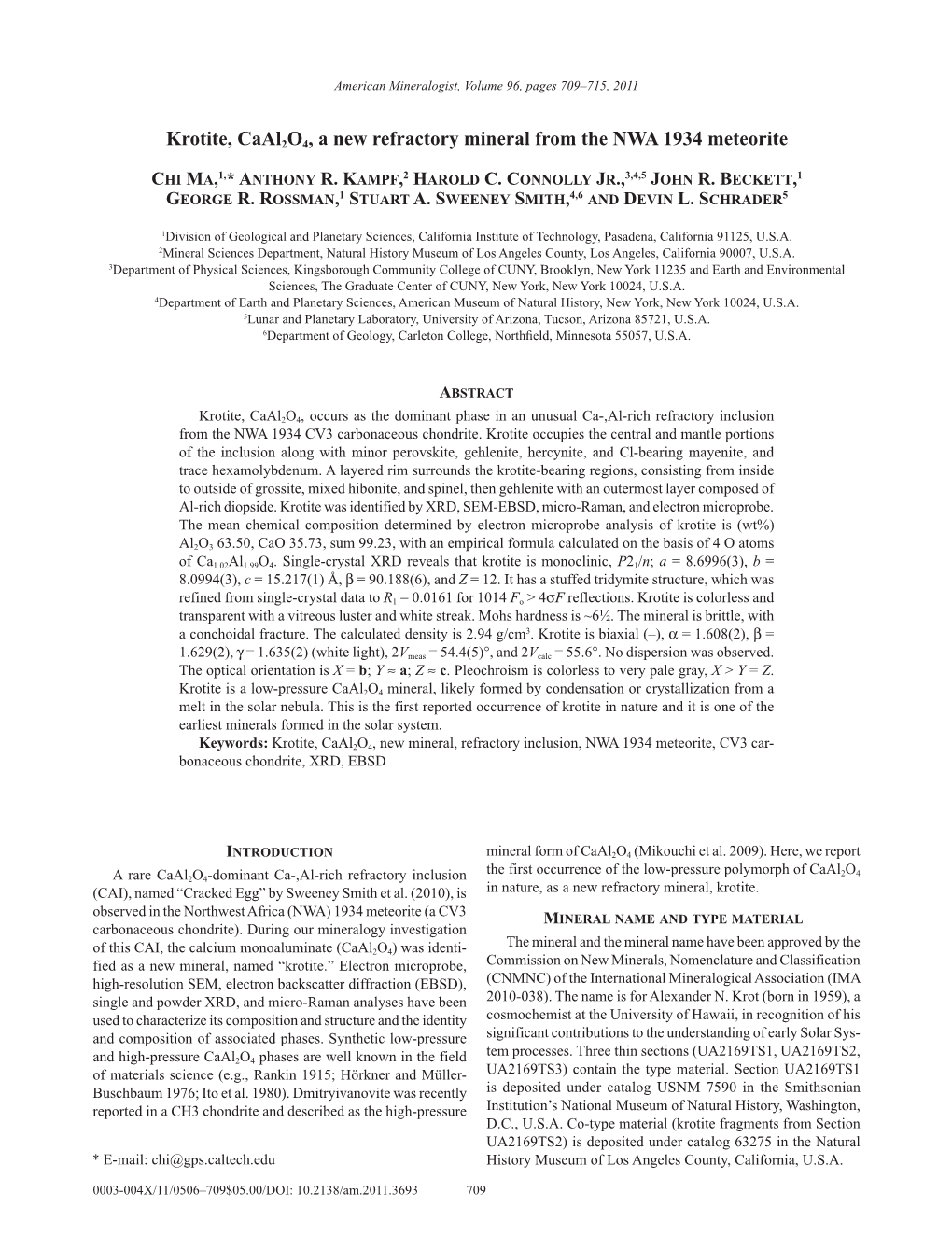 Krotite, Caal2o4, a New Refractory Mineral from the NWA 1934 Meteorite