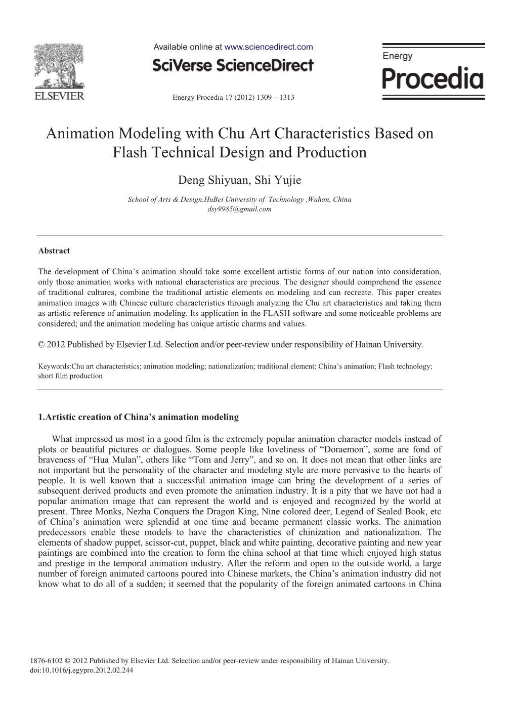 Animation Modeling with Chu Art Characteristics Based on Flash Technical Design and Production