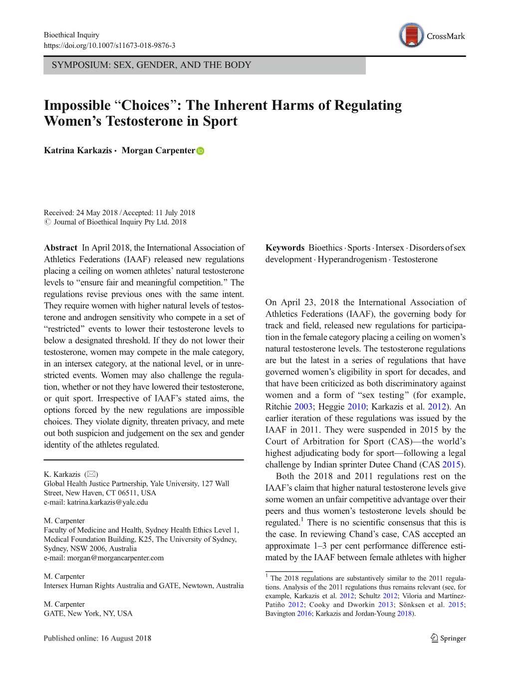 The Inherent Harms of Regulating Women's Testosterone in Sport