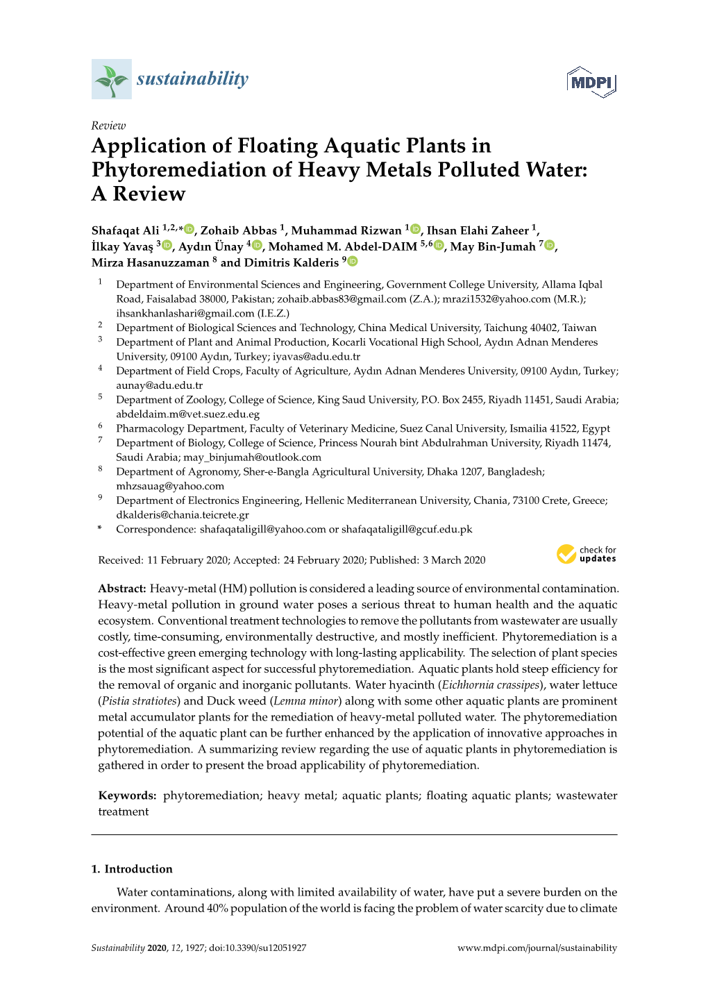 Application of Floating Aquatic Plants in Phytoremediation of Heavy Metals Polluted Water: a Review