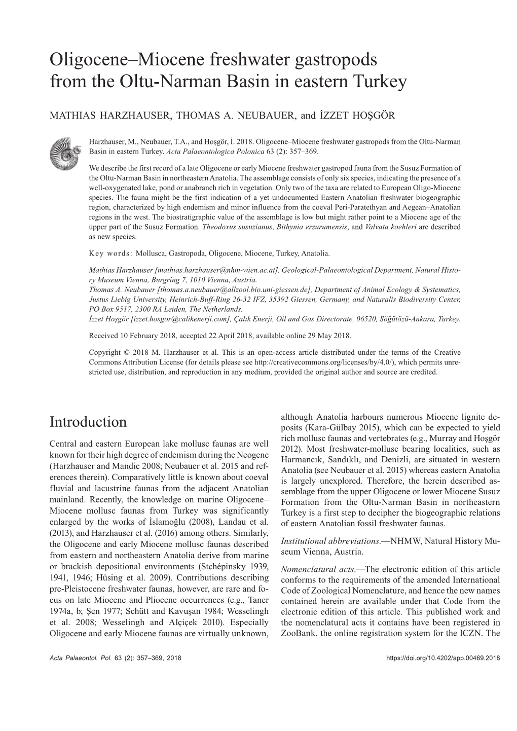 Oligocene–Miocene Freshwater Gastropods from the Oltu-Narman Basin in Eastern Turkey