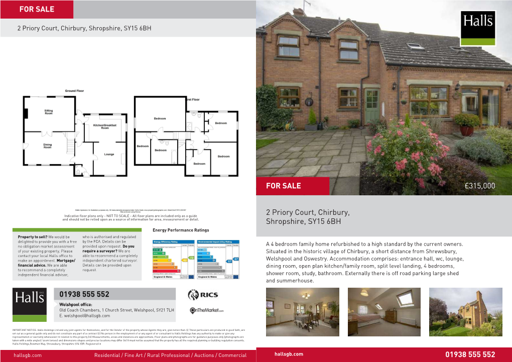 £315,000 2 Priory Court, Chirbury, Shropshire, SY15 6BH 01938 555