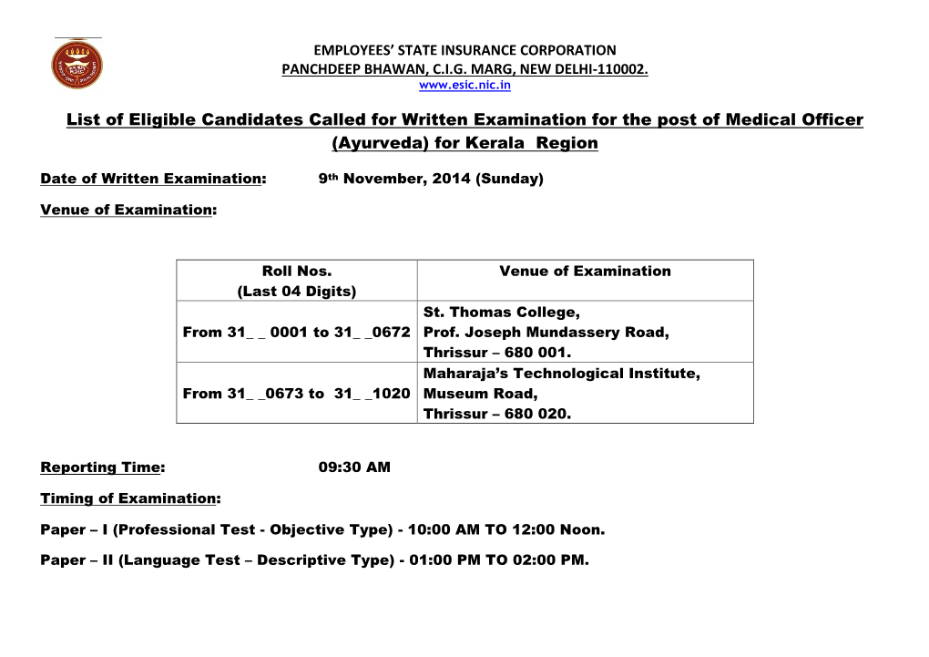 List of Eligible Candidates Called for Written Examination for the Post of Medical Officer (Ayurveda) for Kerala Region