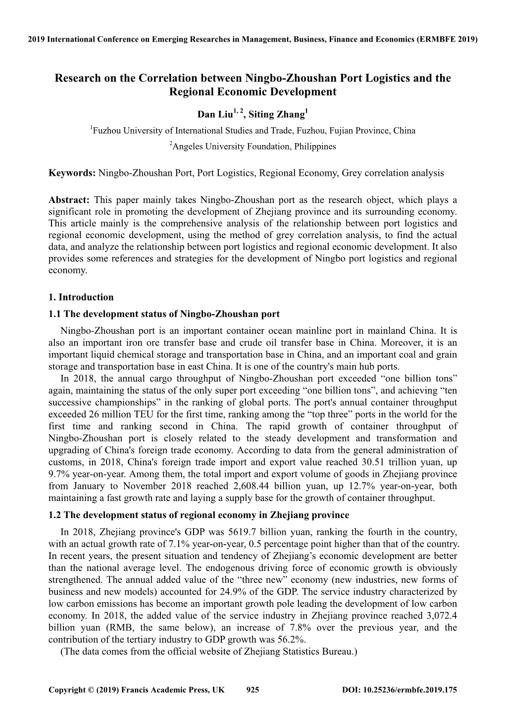 Research on the Correlation Between Ningbo-Zhoushan Port Logistics and the Regional Economic Development
