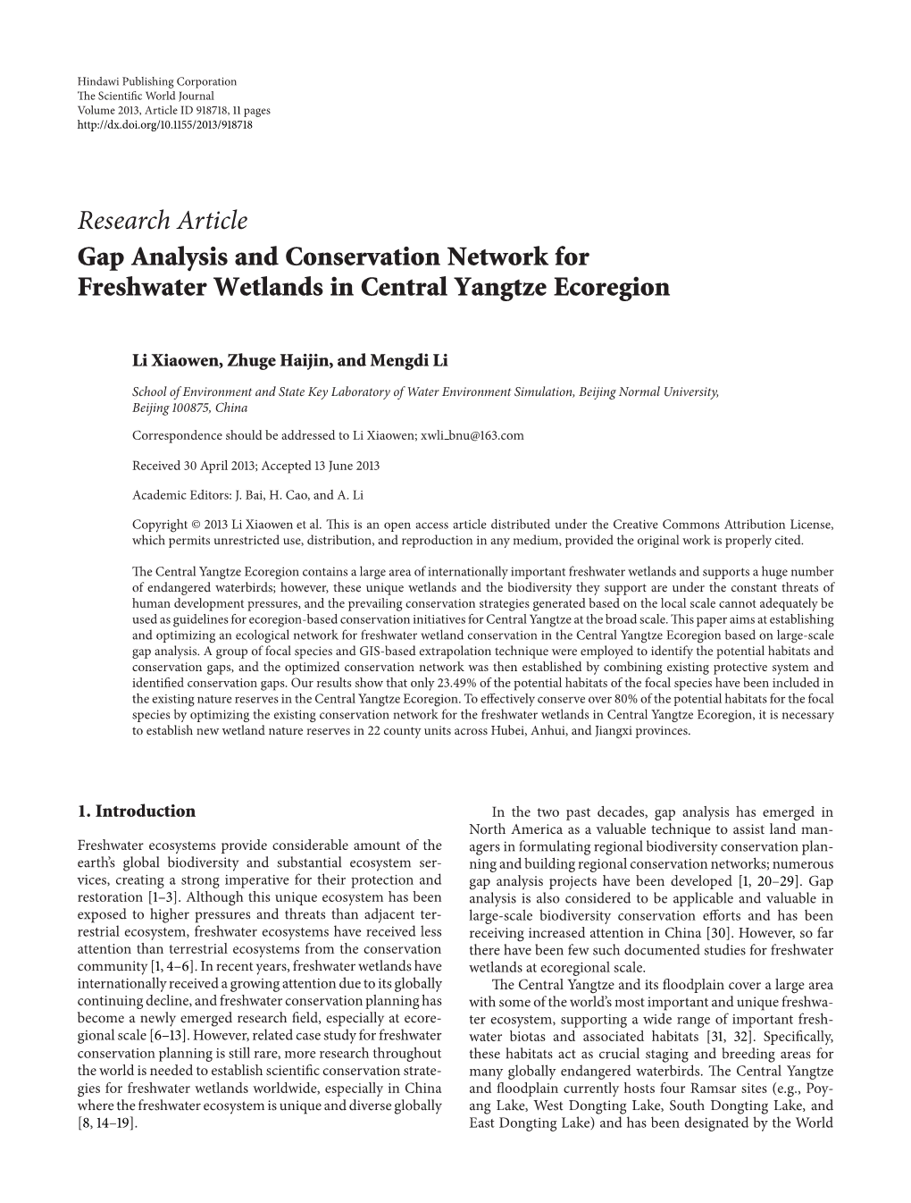 Research Article Gap Analysis and Conservation Network for Freshwater Wetlands in Central Yangtze Ecoregion