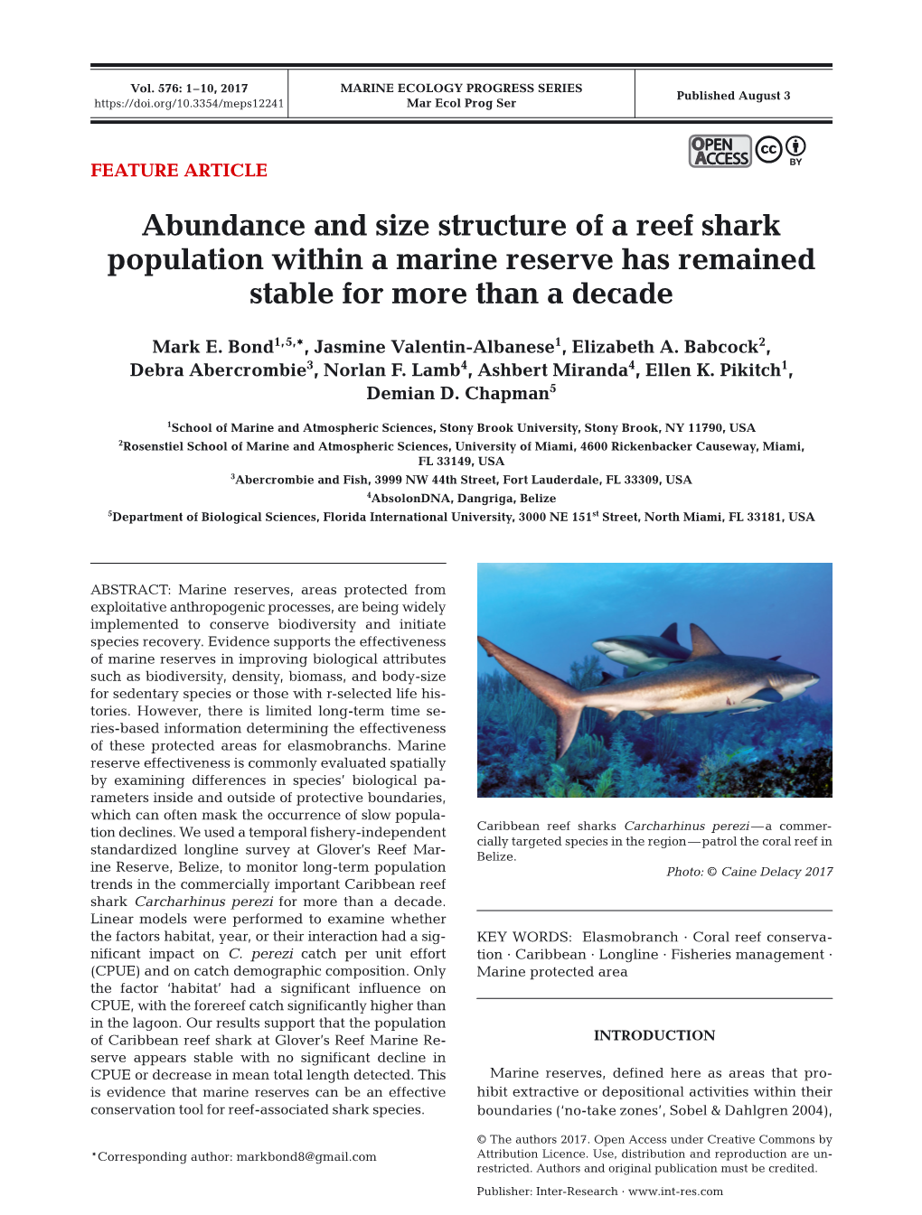 Abundance and Size Structure of a Reef Shark Population Within a Marine Reserve Has Remained Stable for More Than a Decade