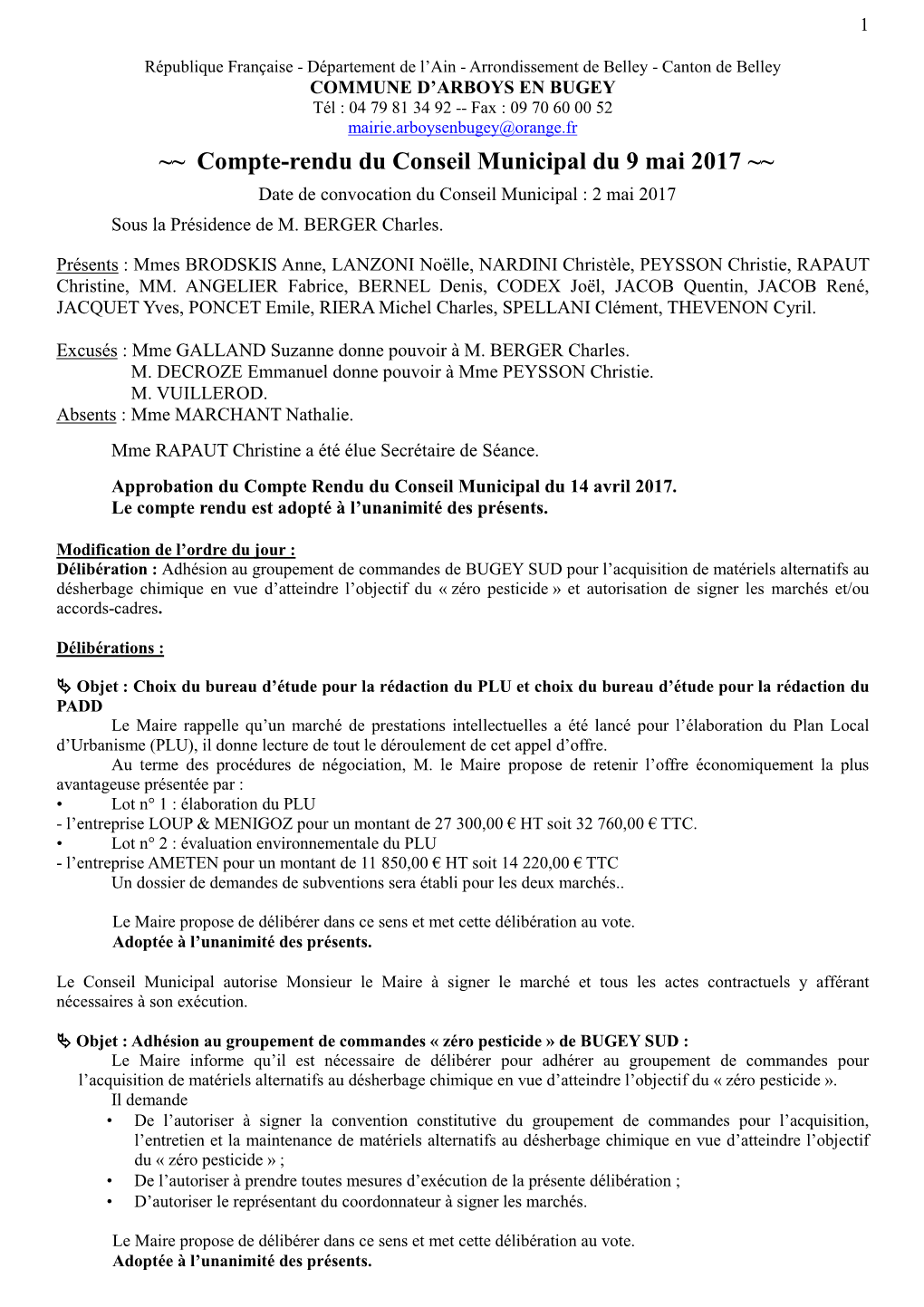 Compte-Rendu Du Conseil Municipal Du 9 Mai 2017 ~~