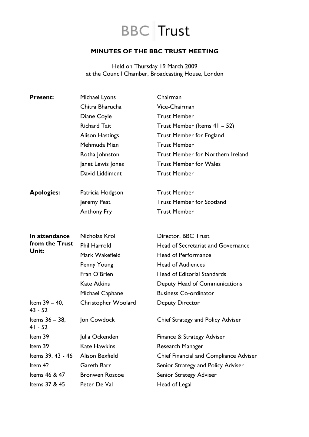 Minutes of the BBC Trust Meeting Held on 19 March 2009