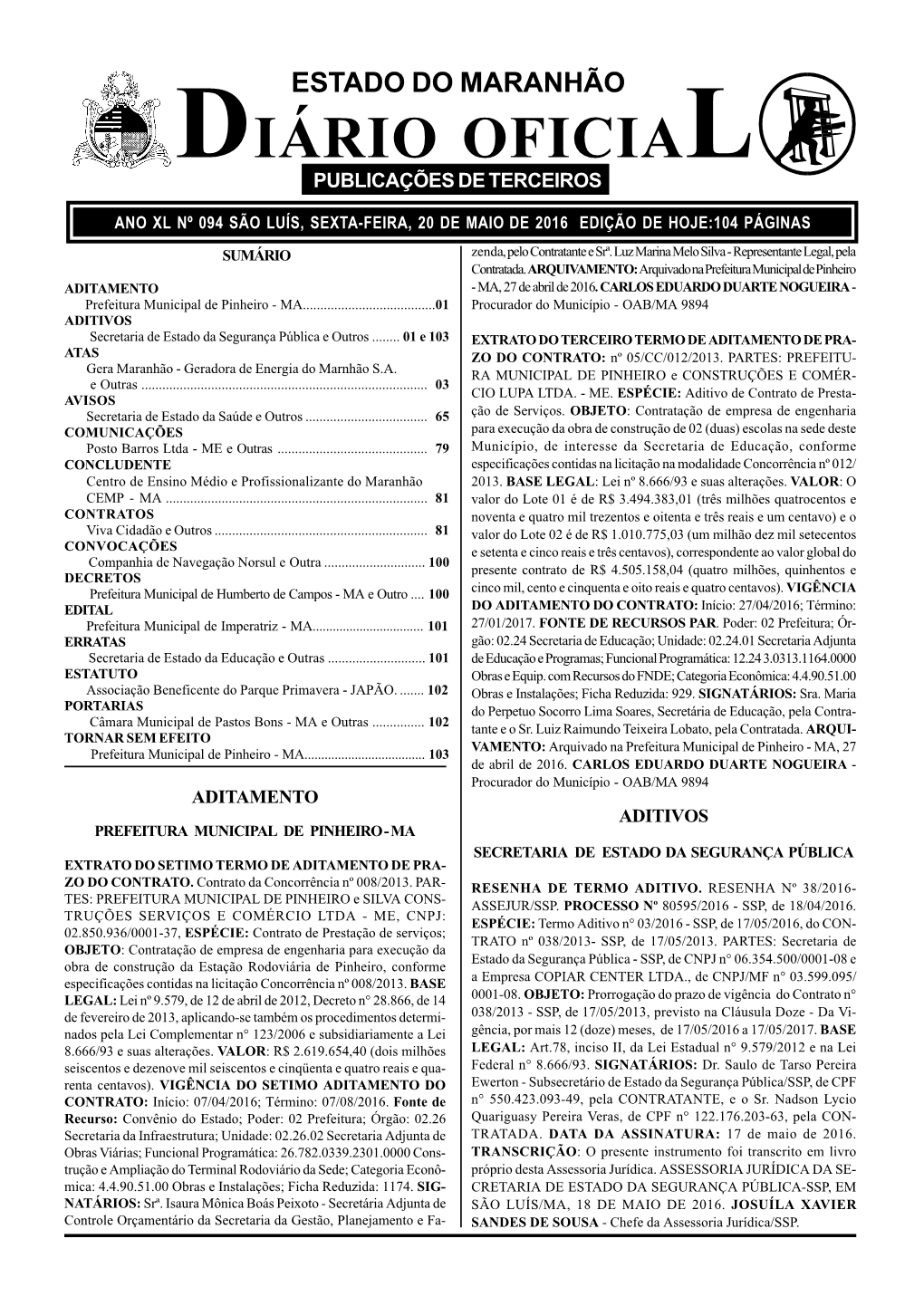 Estado Do Maranhão Diário Oficial Publicações De Terceiros