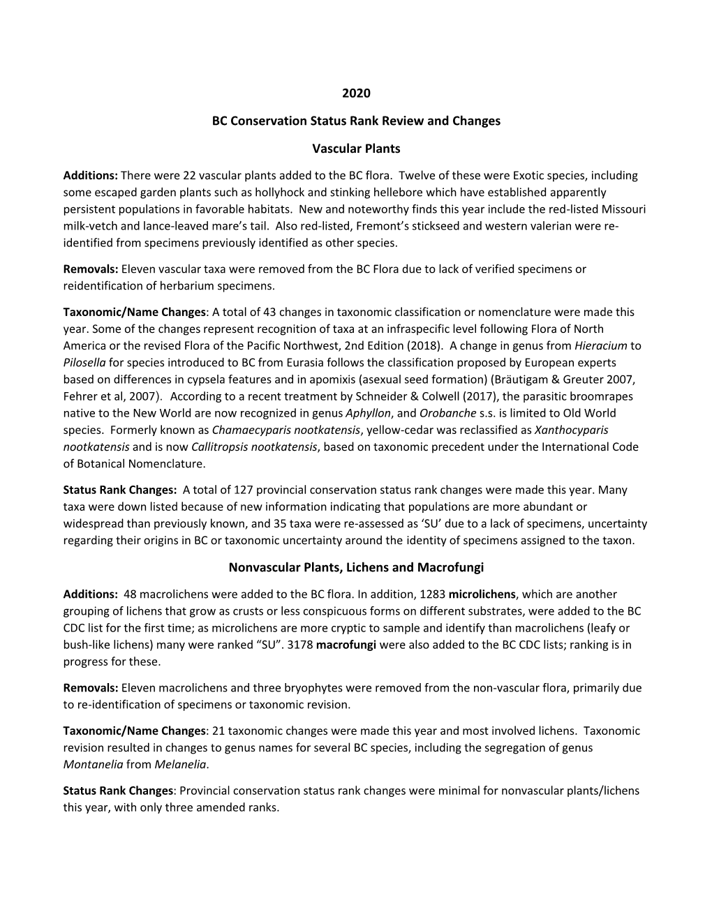 2020 BC Conservation Status Rank Review and Changes Vascular Plants
